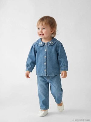 LC Waikiki Mavi Nakışlı Kız Bebek Jean Gömlek ve Jean Pantolon