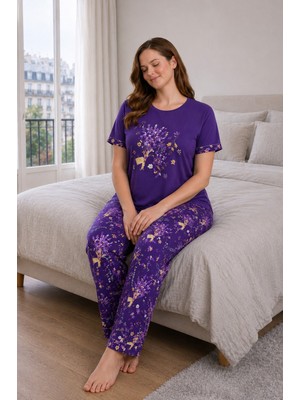 Büyük Beden Kadın Kısa Kollu Pijama Takımı Mor, Çiçek Desenli Rahat Kalıp Yumuşak Kumaş Ev Giyim