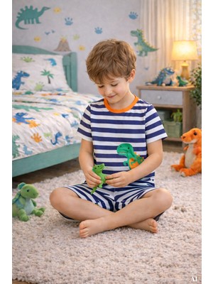 Koza İç Giyim Erkek Çocuk Pamuklu Çizgili Baskılı Kısa Kollu Şortlu Pijama Takımı