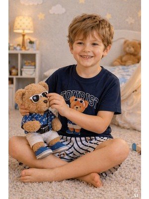 Koza İç Giyim Erkek Çocuk Pamuklu Çizgili Baskılı Kısa Kollu Şortlu Pijama Takımı