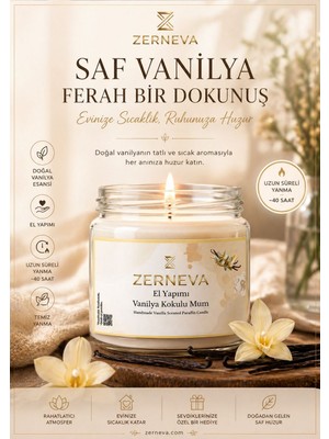 Zerneva Vanilya Kokulu El Yapımı Mum / Hediyelik, Özel Gün, Kokulu Mum, 300CC Cam Kavanoz