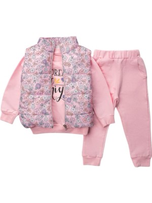 BeU Kids Kız Çocuk 3'lü Takım %100 Pamuk Pembe Şişme Montlu Eşofman Takım