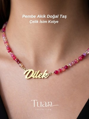 Tuan Collection Özel Tasarım Akik Doğal Taş Çelik Isim Kolye Denge, Huzur, Pozitif Koruma