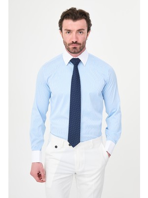 MCR Çizgili Slim Fit Polikort Yaka Kol Düğmeli Uzun Kollu Erkek Gömlek
