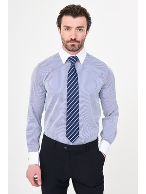 MCR Çizgili Slim Fit Polikort Yaka Kol Düğmeli Uzun Kollu Erkek Gömlek