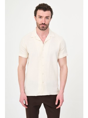 MCR Desenli Slim Fit Apaç Yaka %100 Pamuk Kısa Kollu Erkek Gömlek