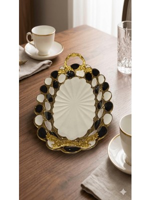 Sembol Porselen Lüks Oval Sunum Tepsisi 30X19 cm - Siyah Beyaz Gold