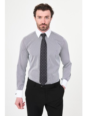 MCR Çizgili Slim Fit Polikort Yaka Kol Düğmeli Uzun Kollu Erkek Gömlek