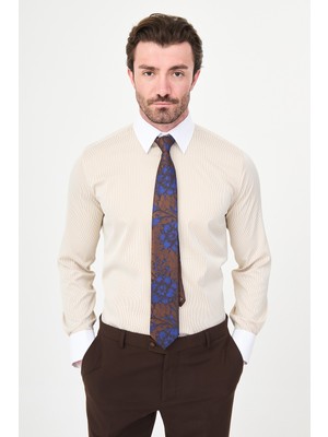MCR Çizgili Slim Fit Polikort Yaka Kol Düğmeli Uzun Kollu Erkek Gömlek