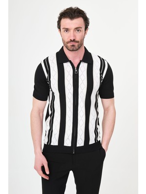 MCR Desenli Slim Fit Polo Yaka Fermuarlı Kısa Kol Erkek Triko T-Shirt