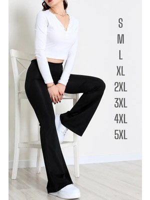 Dream Style Kadın Siyah Ispanyol Paça Krep Kumaş Yüksek Bel Likralı Toparlayıcı Tayt Pantolon