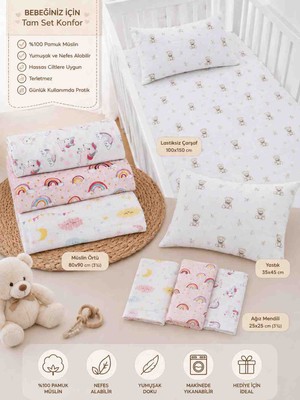 Childmechild 3 Lü 80X90 cm Müslin Örtü, 3 Lü 25X25 cm Ağız Mendili, 100X150 cm Lastiksiz Çarşaf, 35X45 Yastık Kılıfı
