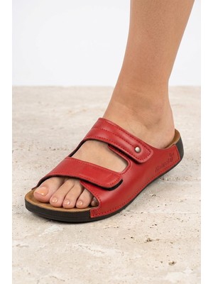 Shoemix Naturela Kadın Kırmızı Suni Deri Çift Bantlı Cırt Cırtlı Anatomik Terlik