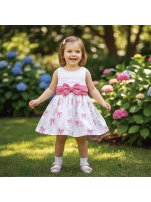 Serkon Baby Kız Bebek %100 Pamuklu Pembe Fiyonklu Bayramlık Elbise - Çiçekli Doğum Günü ve Özel Gün Yazlık Elbisesi