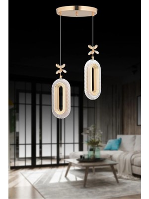 Elips Model 2'li Gold 3 Renk Modu Ledli Kristal Taşlı Modern Salon Mutfak Oturma Odası LED Avize