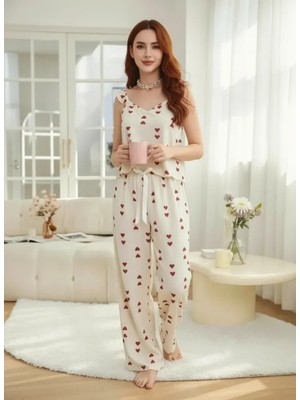 Çamaşır Kenti Kadın Ekru Kırmızı Kalp Desenli Uzun Pijama Takımı Yumuşak Pamuklu Rahat Ev Giyimi Özel Tasarım