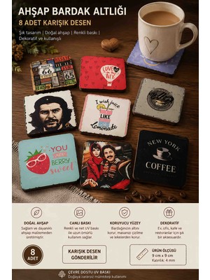 Wolawood 8’li Ahşap Bardak Altlığı Seti\karışık Desenli Dekoratif Kupa Altlığı\koleksiyonu | Vintage, Retro, Sanatsal & Eğlenceli Tasarım Premium Seri Masa Koruyucu Set Sekiz (8) Adet