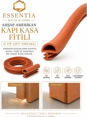 ESBH Ahşap Amerikan Kapı Kasa Fitili D Tip Yandan Çift Tırnaklı 5 Metre Kiraz Rengi