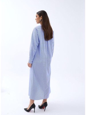 Livizmir Moda 5857 Elbise-Mavi Beyaz Çizgili