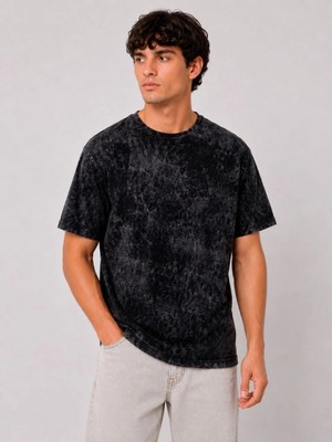 Tarz Yeri Erkek Yıkamalı Washed Effect Tişört Bisiklet Yaka Sokak Stil Kısa Kol T-Shirt - Siyah