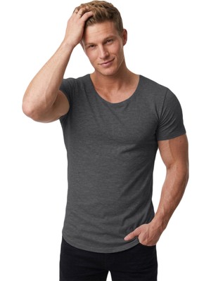 DeepSEA Erkek Antrasit Slim Fit %90 Pamuk Açık Yaka Oval Kesim Likralı Basic Tişört 1801199