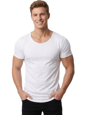 DeepSEA Erkek Beyaz Slim Fit %90 Pamuk Açık Yaka Oval Kesim Likralı Basic Tişört 1801199
