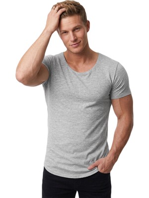 DeepSEA Erkek Gri Slim Fit %90 Pamuk Açık Yaka Oval Kesim Likralı Basic Tişört 1801199