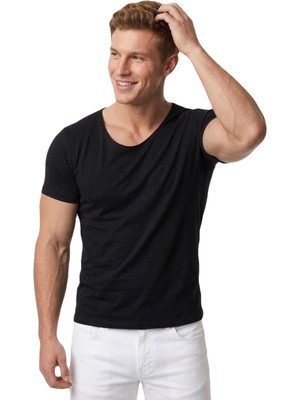 DeepSEA Erkek Siyah Slim Fit %90 Pamuk Açık Yaka Oval Kesim Likralı Basic Tişört 1801199