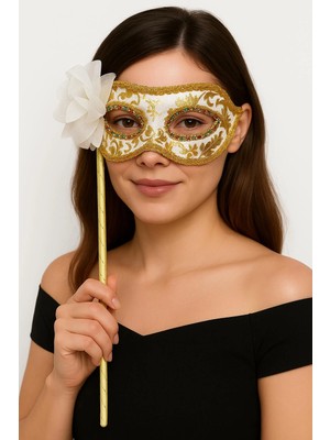 Uravas Store Lüks Taşlı Saplı Maskeli Balo Maskesi Beyaz Renk 35 cm