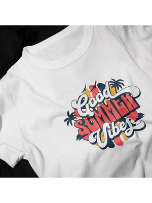 Ontunew Good Summer Vibes Baskılı Retro Vintage Standart Kalıp Bisiklet Yaka Pamuklu Kadın ve Erkek Tshırt