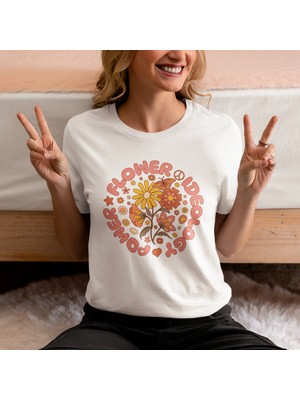 Ontunew Flower Power Ideology Baskılı Retro Vintage Standart Kalıp Bisiklet Yaka Pamuklu Kadın Tshırt