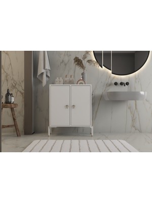 Nettrends Beyaz 2 Kapaklı Ayaklı Banyo Dolabı - Gold Üçgen Kulp Detaylı Modern Banyo Mobilyası NRG-BDZ-1005
