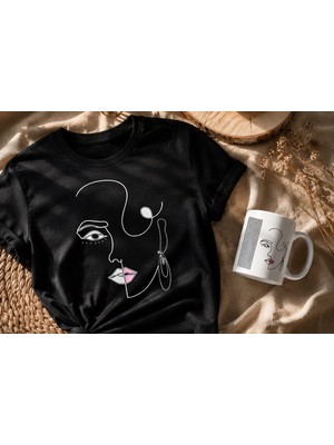 Gmt Ambalaj Minimalist Çizgisel Kadın Yüzü Unisex Kombin Baskılı Beyaz T-Shirt + Kupa Bardak Hediye Seti Modern Tasarım