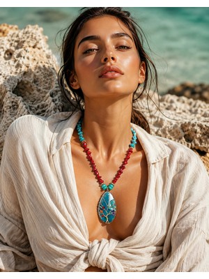 Solare Accessories Mercan, Akik ve Turkuaz Doğal Taşlı Hayat Ağacı Tasarım Kolye