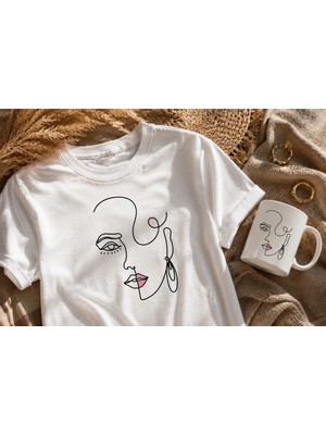 Gmt Ambalaj Line Art Kadın Yüzü Tasarımlı Unisex Tişört ve Kupa Seti