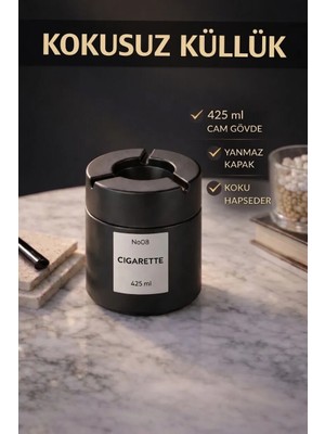 Genchome Homeware Kapaklı Kokusuz Küllük 425 ml | Cam Hazne, Koku Hapseden Sistem, Şık & Modern Sigara Küllüğü