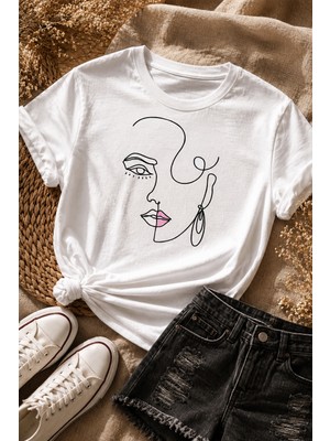 Gmt Ambalaj Minimalist Çizgisel Kadın Yüzü Baskılı Beyaz T-Shirt