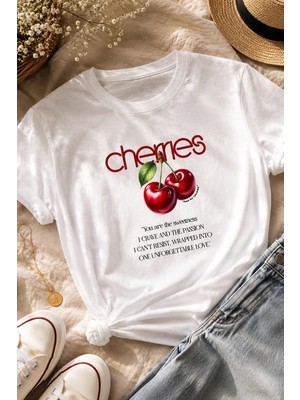 Gmt Ambalaj Vintage Cherries Baskılı Oversize Beyaz T-Shirt