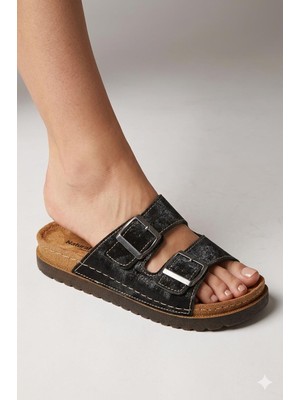 Shoemix Kadın Siyah Mantar Taban Çift Toka Terlik
