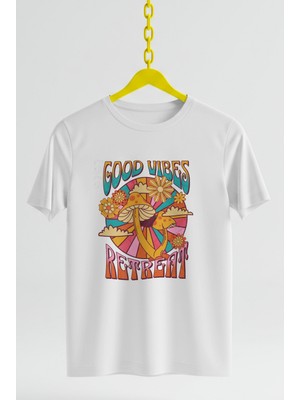 Ontunew Good Vibes Baskılı Retro Vintage Standart Kalıp Bisiklet Yaka Pamuklu Kadın ve Erkek Tshırt