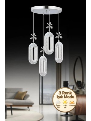 Elips Model 4'lü Gümüş 3 Renk Modu Ledli Kristal Taşlı Modern Salon Mutfak Oturma Odası LED Avize