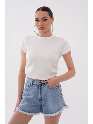 Mega Life Yandan Büzgülü Kristal Kısa Kol T-Shirt
