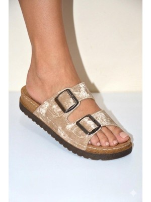 Shoemix Kadın Bej Mantar Taban Çift Toka Terlik