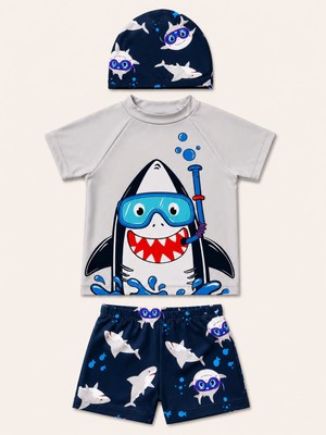 My Kids Wear Erkek Çocuk Dinozor Desenli Deniz Şortu Takımı – 3 Parça Mayo Seti 12757