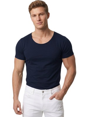 Rizzup Erkek Lacivert Slim Fit %90 Pamuk Açık Yaka Oval Kesim Likralı Basic Tişört 1801199