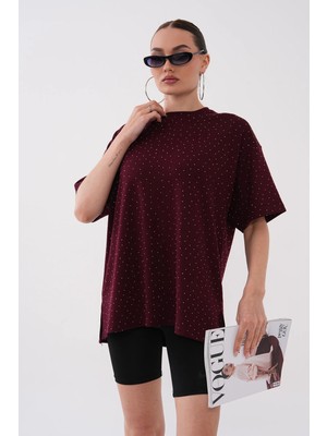 Mega Life Taş Yapıştırmalı Yırtmaçlı Kristal T-Shirt