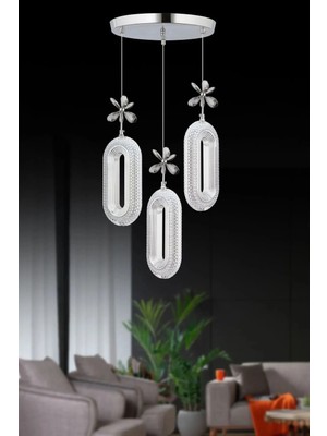 Elips Model 3'lü Gümüş 3 Renk Modu Ledli Kristal Taşlı Modern Salon Mutfak Oturma Odası LED Avize
