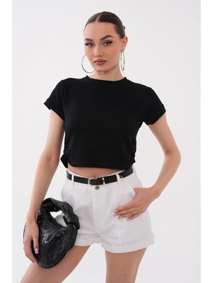 Mega Life Yandan Büzgülü Kristal Kısa Kol T-Shirt