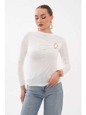 Mega Life Büzgüsüz Ön Aksesuar Tokalı Sandy Bluz