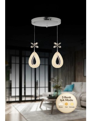 Yağmur Model 2'li Gümüş 3 Renk Modu Ledli Kristal Taşlı Modern Salon Mutfak Oturma Odası LED Avize
